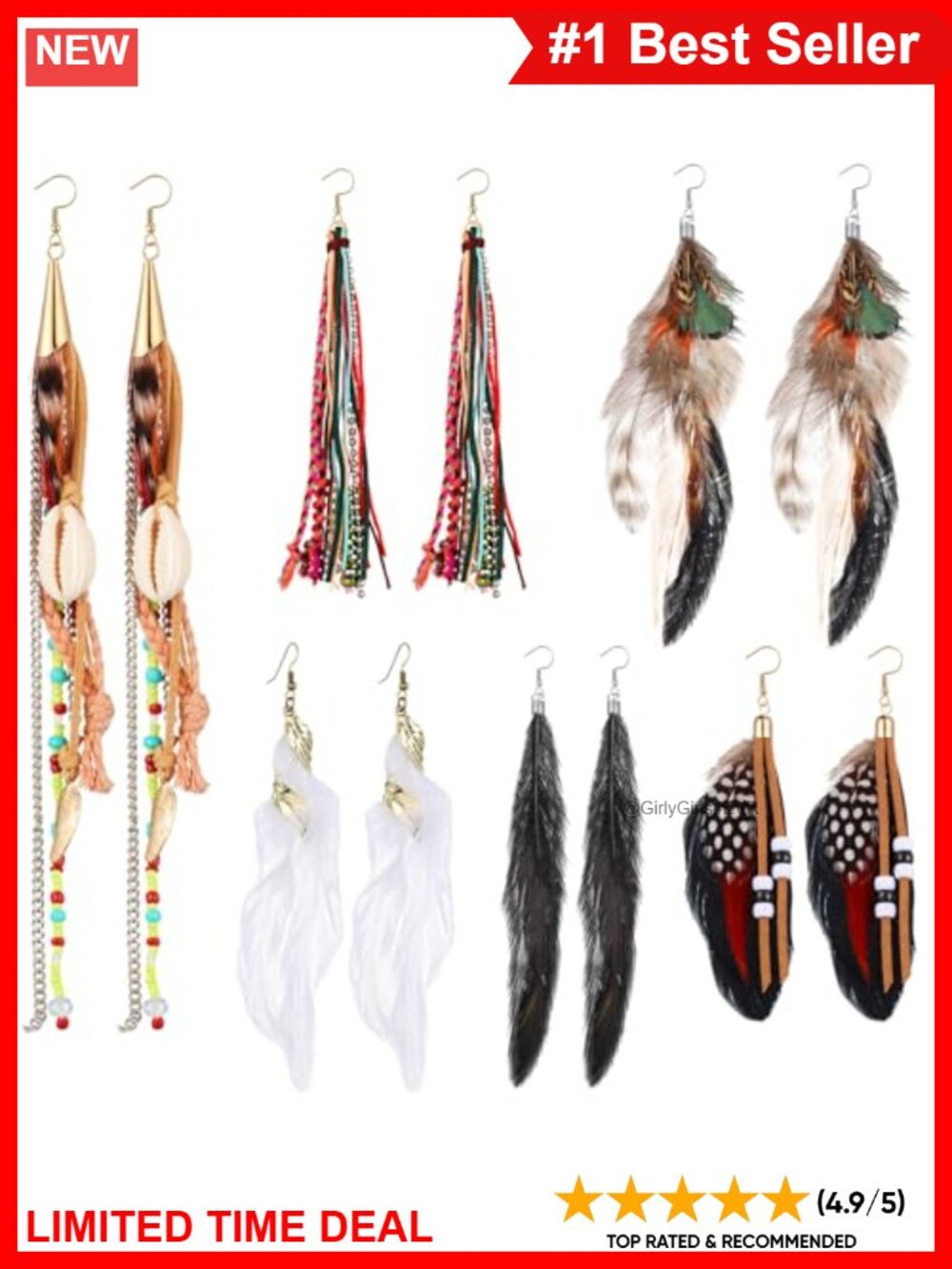 Bohemian Feather Dangle Earrings Faux Feather Alloy 6 Pairs